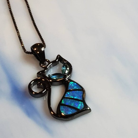 Cute Blue Opal Kitten Cat Silver Necklace & Chain - Picture 3 of 6